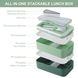 HENSHOW Bento Box für Erwachsene Auslaufsicher Lunchbox mit Fächern, 2 Levels 1600ml Große Nachhaltige Brotdose für unterwegs, Meal Prep Box BPA-frei & Spülmaschinenfest (Grün)