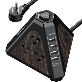 NVEESHOX Power Strip Tower,Power Strip Surge Protector with 9 AC Multiple Outlets & 4 USB Ports,6.5 Ft Extension Cord Flat Plug,3-Side Triangle Outlet for Office Supplies, Room Essentials,Wood Grain