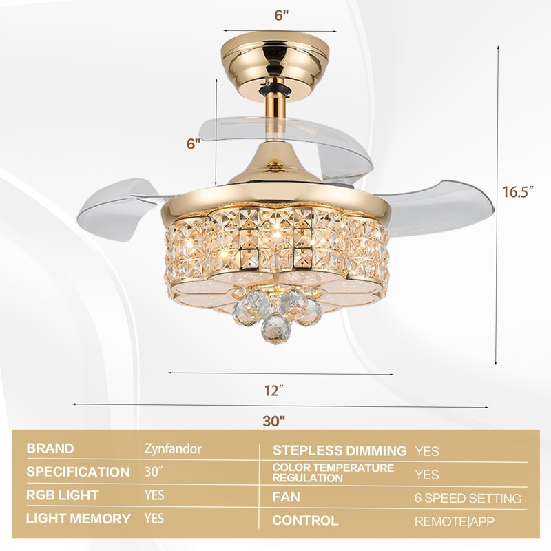 Zynfandor 30" RGB Retractable Crystal Ceiling Fan with Light Dimmable