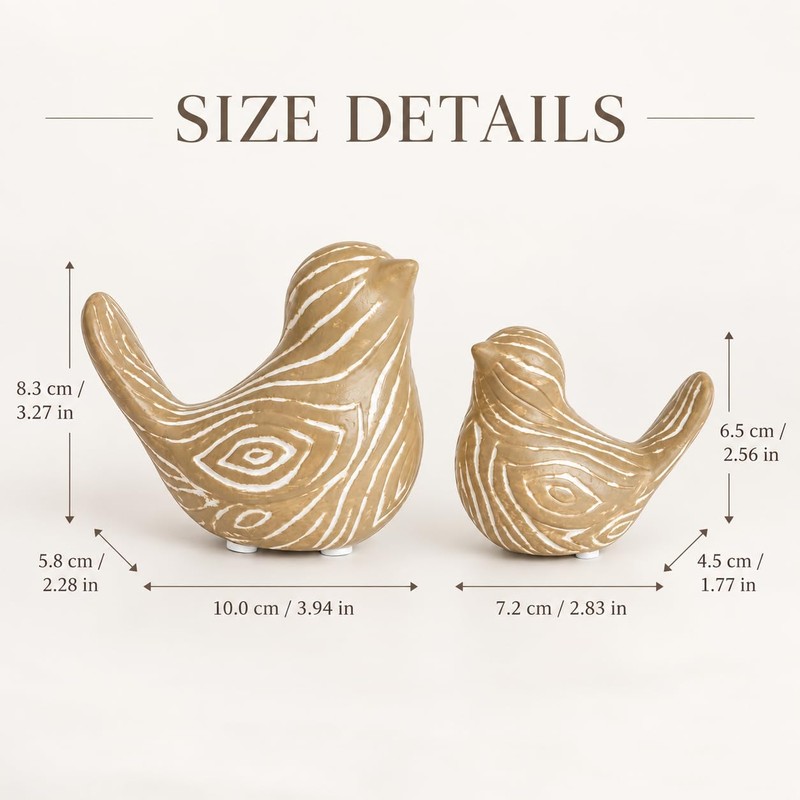 2 Pack Wood Grain Ceramic Bird Figurines, Small Bird Statues