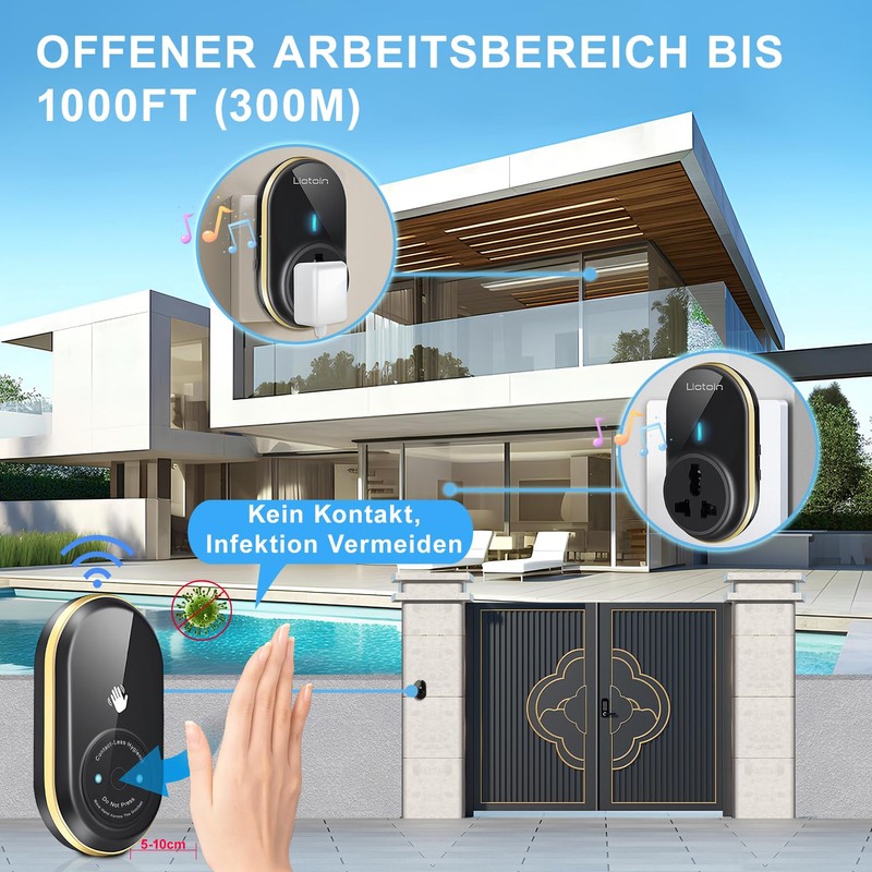 LIOTOIN Wireless Bell, Waterproof Wireless Doorbell with No Contact Required,