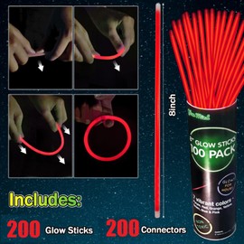 200 Pcs Red Glow Sticks Bracelet Necklaces Bulk Glow in The Dark Party Supplies 8” Light Up Stick with Connectors for Christmas Valentine's Day Easter 4th of July Party Favors Birthday Carnival
