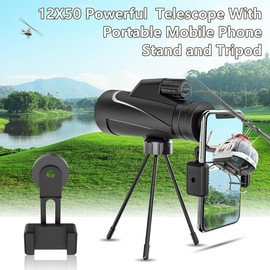 DDKJ Monocular Binoculars HD 12 x 50, Mini Telescope Monocular Scope with Night Vision, Mobile Phone Holder & Tripod, Monocular Mobile Phone for Bird Watching, Hunting, Concert, Sightseeing