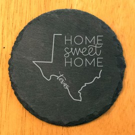Rustic Slate Coasters Set of 5, Round 4" with Texas Outline & 'Home Sweet Home' Design, Perfect Gift for Holidays, Birthdays, Housewarming, She-Shed or Man Cave, Made in Oregon, USA