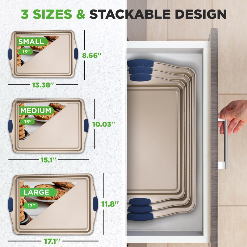 NutriChef 3‑Piece Non‑Toxic Cookie Sheets for Baking – Premium Carbon