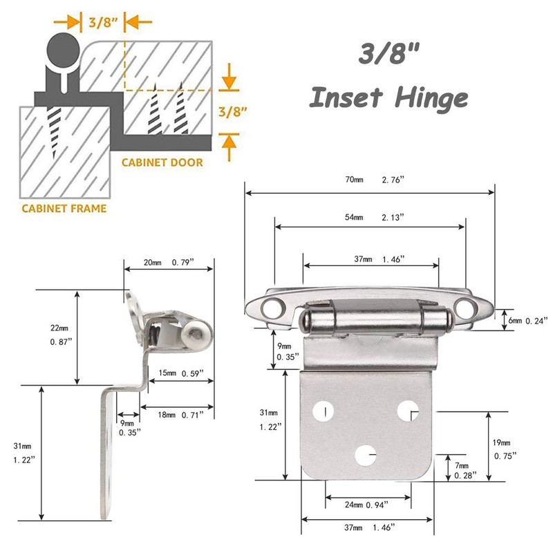 10 Pairs Brushed Satin Nickel 3/8" Overlay Decorative Self Closing