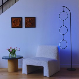 Brightech Nova Modern Color Changing Floor Lamp - LED Lamp with Stunning RGB Color Gradient and Contemporary 3-Circle Ring-Style Pendant - Corner or Over-The-Couch Arching Pole Standing Lamp - Black