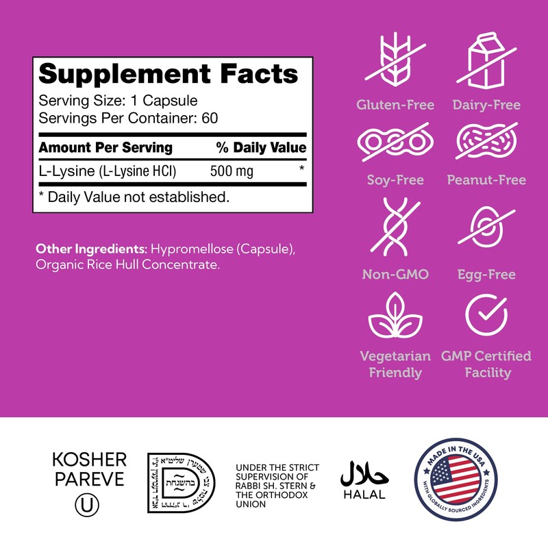 Zahler L-Lysine 500mg, Freeform L-Lysine Supplement, Kosher 60 Capsules