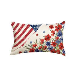 4th of July Patriotic Poppy Floral Throw Pillow Cover, 12 x 20 Inch Independence Day Memorial Day America Flag Stars Decor Cushion Case for Sofa Couch