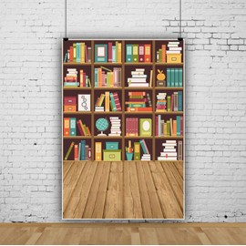 Haoyiyi 5x7ft Vintage Bookcase Photography Backdrop Bookshelf Folder Books Wooden Floor Online Teach Background for Kids Student Study Room School Library Collection Digital Video Photo Props