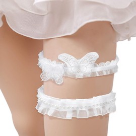 Hermoli Wedding Thigh Garter White Butterfly Bridal Garters Lace Pearl Stretch Leg Band for Women Bride (2PCS)