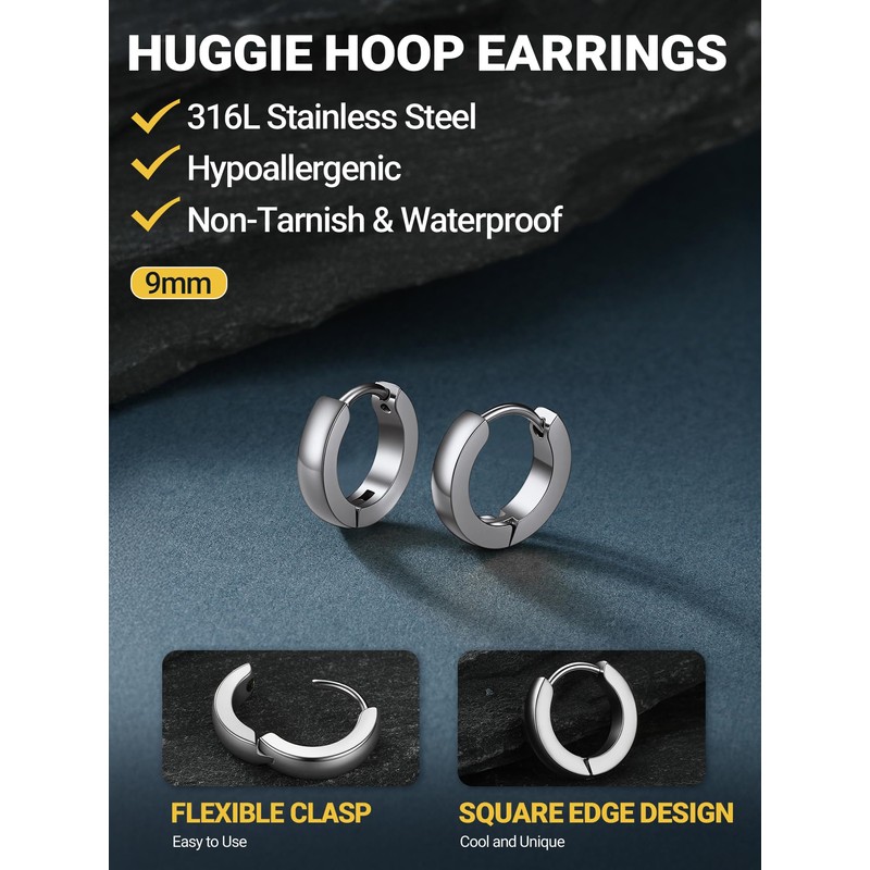 PROSTEEL Hoop Earrings for Men, 9mm Stainless Steel Small Silver