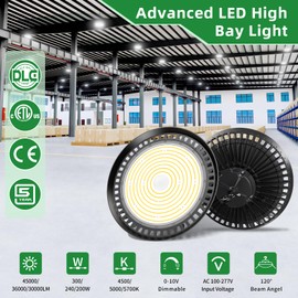 ORRGENA UFO LED High Bay Light 300W 240W 200W Adjustable, 3 Color Brightness Adjustable, 0-10V Dimmable, DLC/ETL Listed IP65 Waterproof Commercial Bay Lighting for Shop Warehouse, AC100-277V