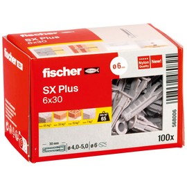 fischer Expansion dowels SX Plus 6 x 30, box of 100 nylon dowels, dowels for optimal hold for fixings in concrete, solid brick, aerated concrete, perforated bricks and much more.
