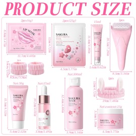 Sakura Skin Care Set Teenager Girls Gifts, 12 Pieces, with Cleanser, Toner, Serum, Eye Serum, Cream, Lip Mask, Face Mask, Face Roller, Rabbit Headband, for Teenage Girls and Women