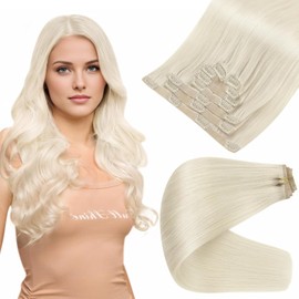 Full Shine Hair Extensions Clip ins Seamless Hair Extensions Color 1000 White Blonde Hair Extensions Clip in Human Hair Extensions with PU Weft Cool Blonde Remy Hair Extensions for Women 14 Inch 8 Pcs
