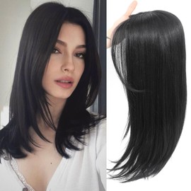 Hair Topper, 360° 3D Straight Hair Toppers for Women with Thinning Hair, 20 Inch Long Clip-in Topper Synthetic Wig with Natural Side Bangs (Black)