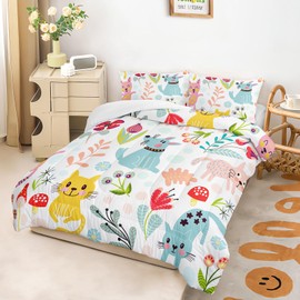 BSNTHO Cartoon Animals Kids Comforter, Kawaii Cat Mouse Bedding, Lightweight Colorful Flowers, Queen Bed Set for Teen Girls Boys, 1 Comforter 2 Pillowcases