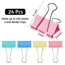 2 Inch Extra Large Binder Clips (24 Pack), Assorted Colors, Colored Jumbo Paper Clips, Big Paper Clamps, Binder Clips Large Size for Home, School and Office Supplies