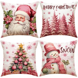 ESSECMBS 4Pcs Christmas Throw Pillow Covers 18 * 18inch Pink Cartoon Christmas Couch Pillow Cases Sofa Pillow Protectors Winter Holiday Home Decorations (Set of 4, 45 * 45cm/18 * 18inch)