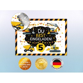 12 Invitation Cards for 5th Children's Birthday Digger Construction Site Children Boys Cool Colourful Invitations Fifth Birthday Invitations Kids