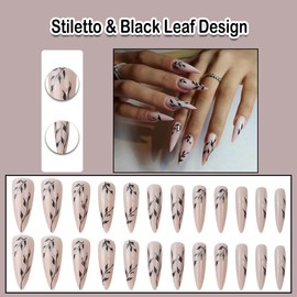 ANDGING White Press on Nails Stiletto Medium Long on Nails Acrylic Fake Nails with Black Leaf Design Manicure False Nails with Gel Women Stick on Nail for Wedding Birthday 24Pcs DJJ857