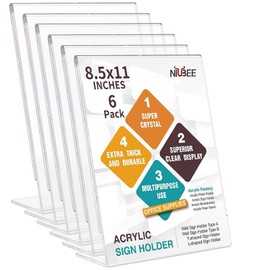 NIUBEE 6Pack 8.5x11 Acrylic Sign Holder with Vertical Slanted Back, Clear Plastic Sign Stand Frames, Flyer Document Paper Display Stand for Office Desktop