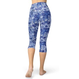 sissycos Women's Paisley Floral Printed Cropped Capri Leggings Buttery Soft Tights (Small-Large, Blue Floral)
