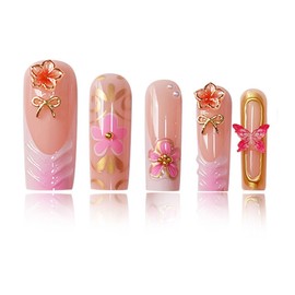 Square Press on Nails Long Fake Nails French Tip False Nails with 3D Flower Bow Designs Artificial Nails Summer Glue on Nails Pink Glossy Stick on Nails for Women 24PCS