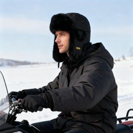 HEYANN Winter Trapper Hat with Ear Flaps Black Faux Fur Hat for Men Warm Soft Bomber Hats Windproof Russian Ushanka Hats Black Winter Eskimo Aviator Cap for Skiing Riding Running Climbing Hunting