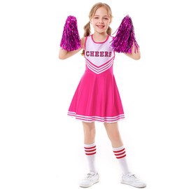 LOLANTA Girls Cheerleader Costume, School Musical Pink Cheerleading Uniform Outfit with Pom Poms(8-9 Yrs,Pink,Tag 140)