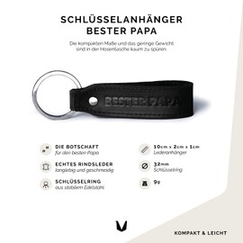 MAGATI Keyring made of genuine leather with engraving "Bester Papa" - gift for men and dads for Father's Day, birthday or as a lucky charm - key ring made of stainless steel, Jet Black Genuine Leather