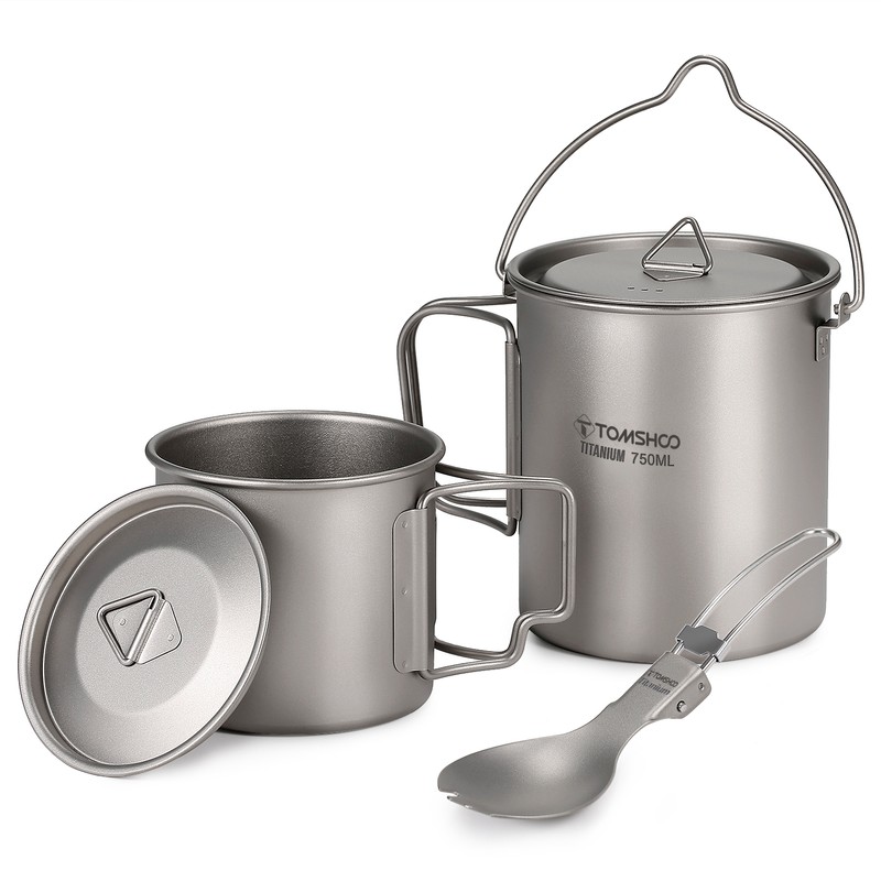 TOMSHOO Lightweight Titanium 3 Pieces Set Titanium 750ml Pot 350ml