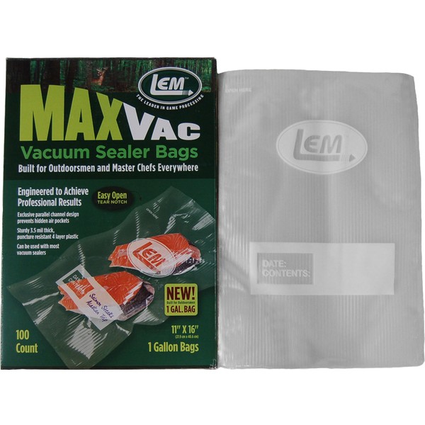 LEM Products MaxVac Gallon Vacuum Sealer Bags, 11 x 16 Inches, Compatible with Major Vacuum Sealer Brands, 100 Count