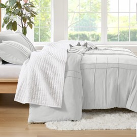 Comfort Spaces Silver Cal King Size Duvet Cover Set - 3-pc Pintuck Pleated Duvet Cover Cal King, All Season Lightweight, Extra Softness Pre-Washed Microfiber Cal King Bed Cover Shams, Cal King