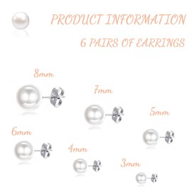 OQKAHIV 6 Pairs of Pearl Earrings Silver, Pearl Earrings, White Pearl Stud Earrings, Women's Stud Earrings, Pearl Earrings, Round Ball Pearl Earrings, Faux Pearl Stud Earrings for Women