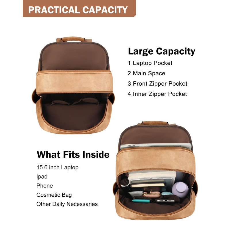 MASINTOR 15.6 inch Leather Laptop Backpack Purse for Women, Designer