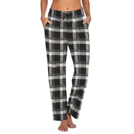 Ekouaer Women Pajama Pants Comfy Pj Bottom with Pockets Stretch Plaid Sleepwear Black and White Plaid Medium