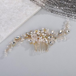 Wekicici Gold Flower Wedding Hair Comb Pearl Bride Wedding Hair Comb Bridal Rhinestone Hair Piece Floral Hair Accessories for Women Headband Headpiece (Gold)