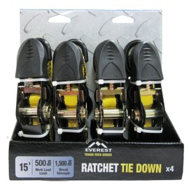 Everest Ratchet Tie Down Strap – 4 Pack – 1 Inch – 15 Feet – 500 LBS Working Load – 1500 LB Break Strength – Cam buckle Alternative – Cargo Straps Perfect for Moving Appliances and Equipment
