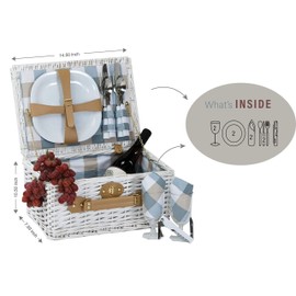 Picnic Plus Boothbay White 2 Person Willow Picnic Basket Set with Plates Flatware Wine Glasses Cotton Napkins Corkscrew 14 pcs Included