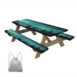Green Forest Landscape Picnic Table Cover with Bench Covers Night Sky Rectangle Table Cover Outdoor Patio Camping Essentials 72 inch 3PCS Camping Fitted Tablecloth with Drawstring Bag