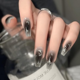 COLORBIRD Nail Tips, Long, 24 Pieces, Black, Nail Tips, Short, Cute, Ballerina (R722)