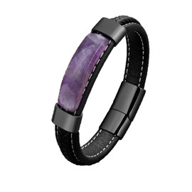 mkat Men's Bracelet with Natural Stone, Black Leather Bracelet, Natural Stone Bracelet (Amethyst, 21cm)