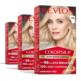 Revlon ColorSilk with Bond Repair Complex, Blonde Permanent Hair Color, 100% Gray Coverage, Ammonia Free Hair Dye, Vegan Keratin, 04 Ultra Light Natural Blonde (Pack of 3)