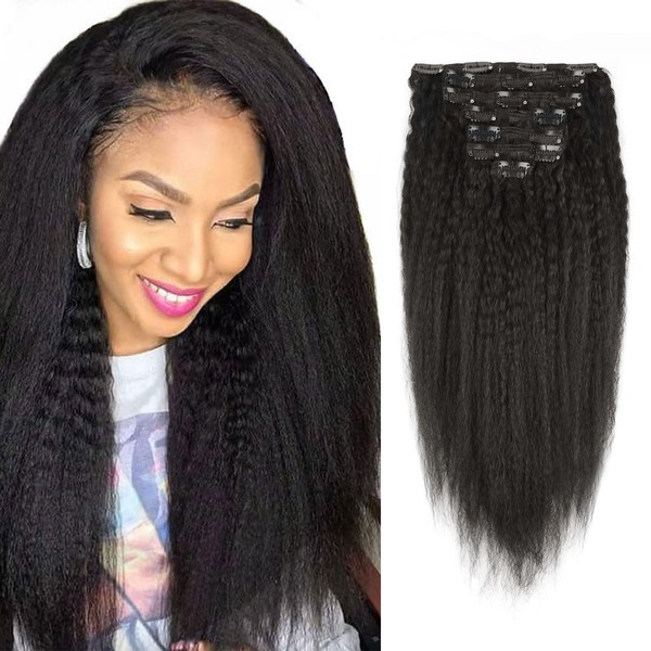 Sassina Afro Kinky Straight Clip-ins Human Hair Extensions For Black Women Natural Color Double Weft Clip on Remy Hair Exensions Full Head Set 18 Inch 120Grams 7Pcs