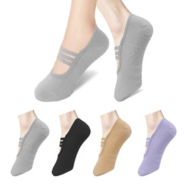 SITAKEGS Yoga Socks, 4 Pairs Women Pilates Cotton Socks with Grips Straps Easy to Put On Non Slip Yoga Pilates Socks, Elastic Straps Grippy Socks for Barre Ballet Fitness Dance Barefoot Workout
