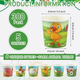 Amyhill 300 Pack 5 oz Cups for Kids Animals Paper Cups Disposable Cups Small Bathroom Cups Mini Mouthwash Cup Bulk for Christmas Party, Picnic (Farm Style)