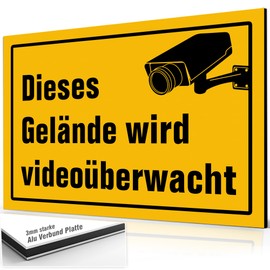 Achtung Videoüberwachung Schild 20x30 cm aus ALU Verbund Platte, 3mm - Wetterfest | Hinweis: Gelände wird videoüberwacht - Deutsche Qualität, Warnschild #AL-M0124