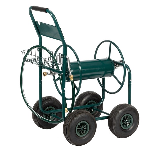 VINGLI 4-Wheel Garden Hose Reel Cart with Storage Basket, Portable Residential Hose Reel Cart, Lawn Watering, for Garden Backyard and Farm (Green)
